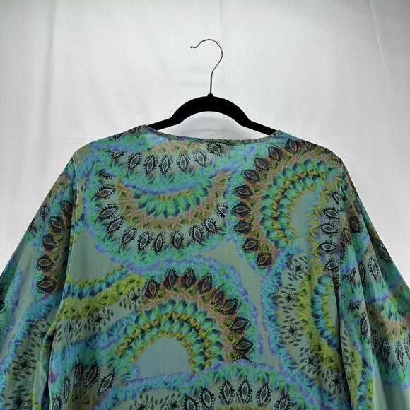 Tianello Blouse Womens M Boho Tunic Silk Printed Kimono Sleeve Asymmetric Green - Picture 5 of 11
